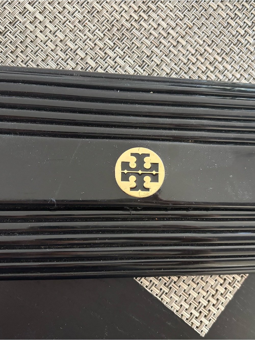 Tory Burch Black and Gold Logo Decorative Clutch